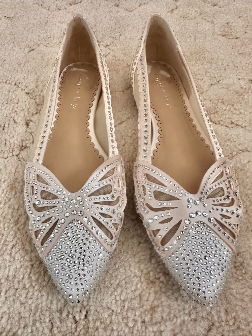 Copper Key Blush Pointed-Toe Flats with Rhinestone Butterfly Cutouts